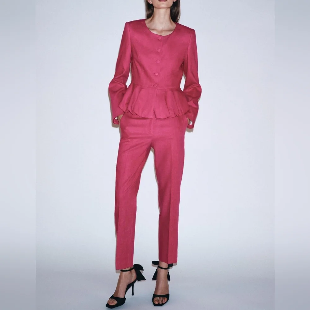 Zara High-waisted Slim Linen Pants Fuschia ZW COllection Bnwt